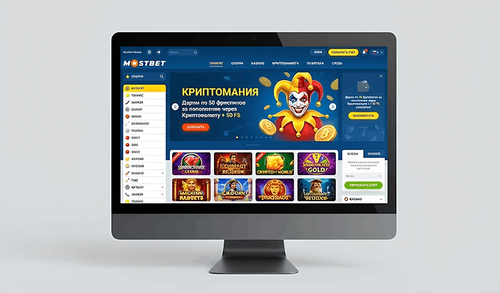 Официальный сайт Mostbet Россия на экране ноутбука с разделами ставок на спорт и казино